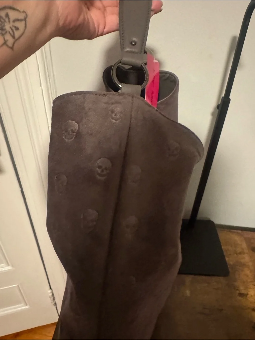 Betsey Johnson Skull-Embossed Suede Hobo Bag in Gray Brand New